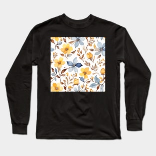 Yellow Blue Brown Floral Pattern on White Long Sleeve T-Shirt